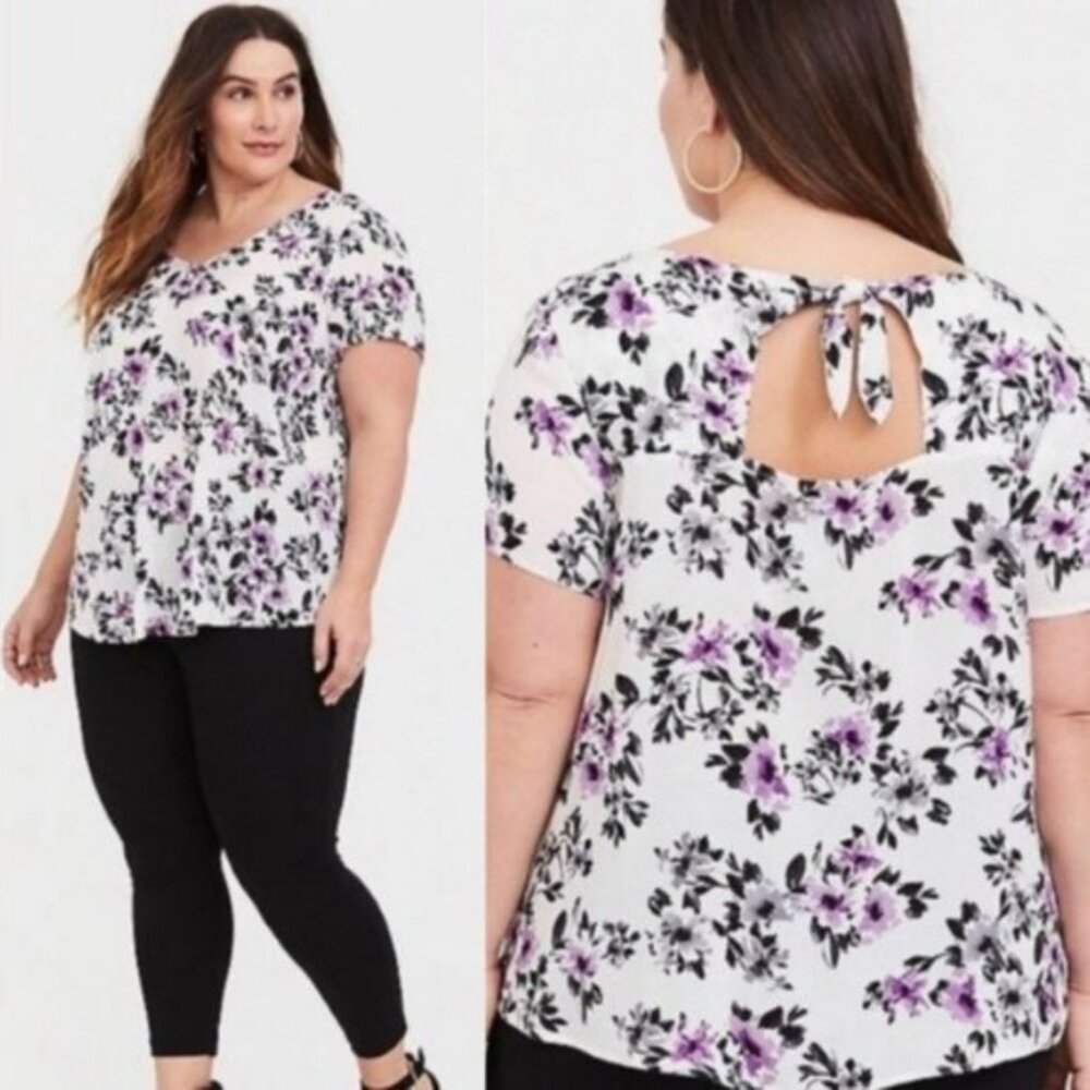 Torrid | White and Purple Abbey Floral Bow-Back Top | Size 0X